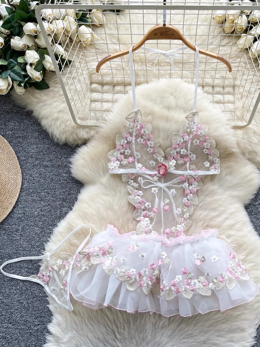 Foamlina malla bordado recortado chica puro deseo Mini Vestido corto mujeres novedad de verano dopamina Halter Sexy vestido transparente