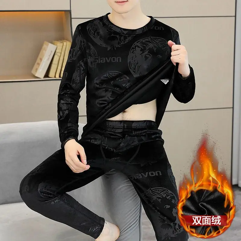 남성용 보온 내의 양면 플리스 세트 겨울 청소년용 플리스 두꺼운 롱존 방한 크루넥 이너웨어 세트