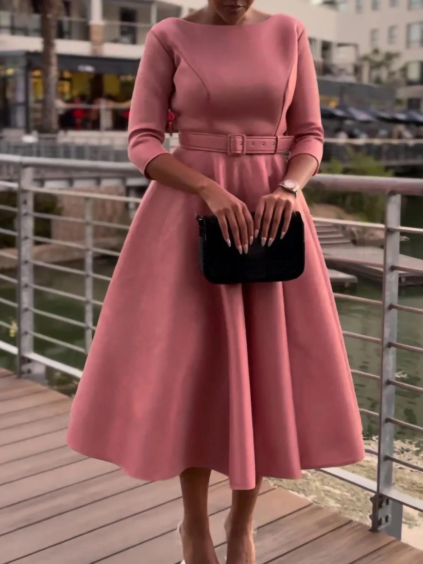 Spring Women's Clothing Elegant Party Dress For Polyester High Waist Midi Neck Three Quarter Sleeve Fit