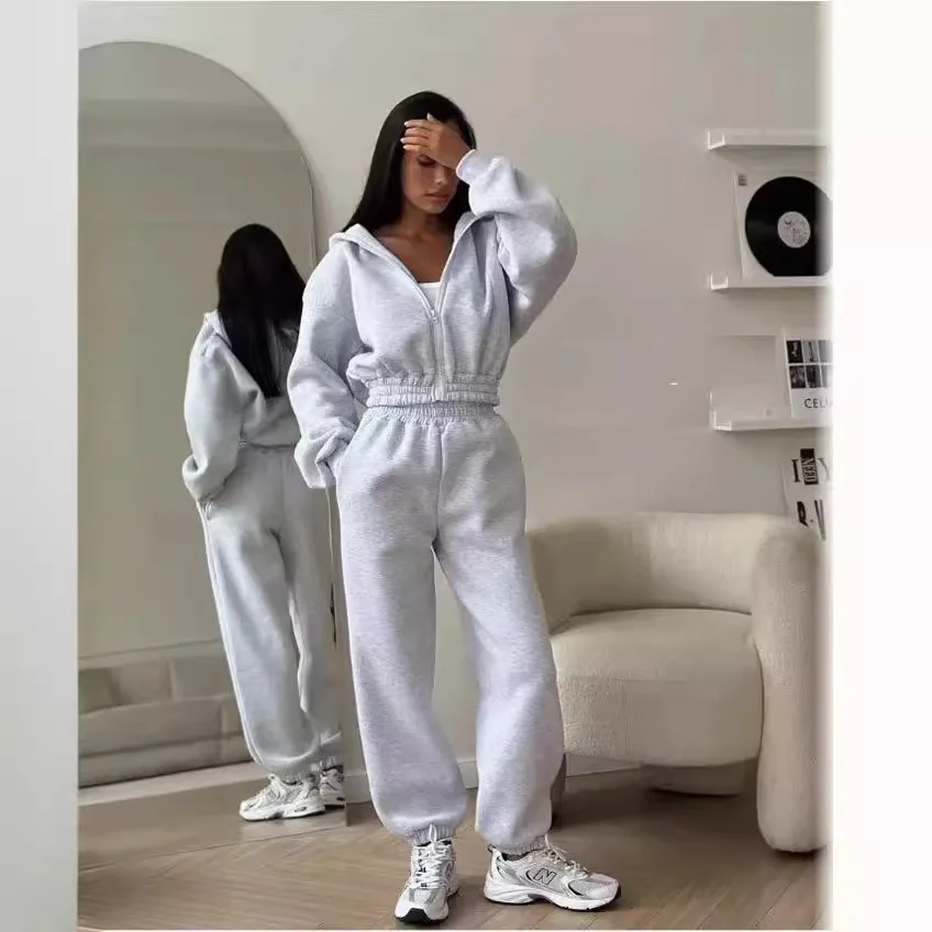Jesienno-zimowy modny sportowy styl damski garnitur dwuczęściowy Casual brzuch z kapturem bluza z zamkiem błyskawicznym i legginsy garnitur ze spodniami