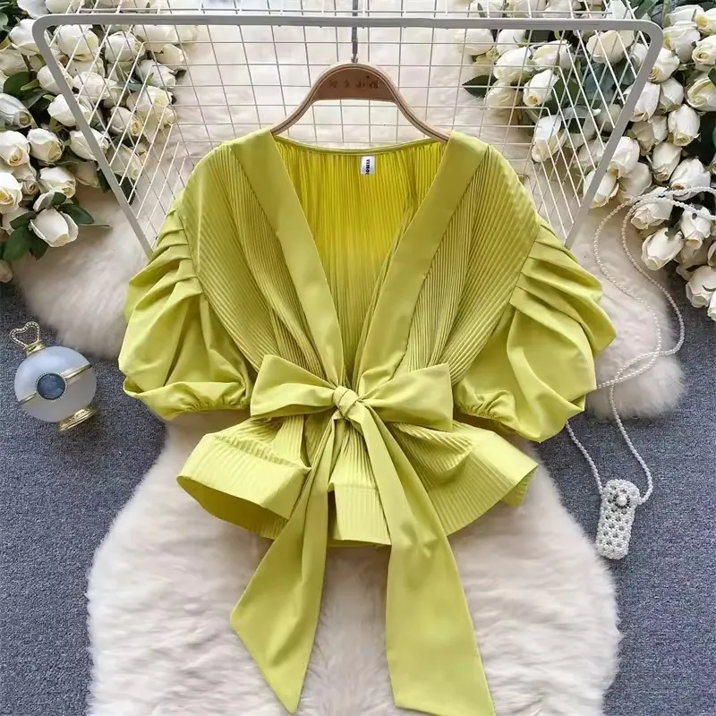 

Fashion Solid Women V Neck Shirt 2025 New Summer Bubble Sleeve Blouse Elegant Versatile Waistband Bow Tops Female Clothing