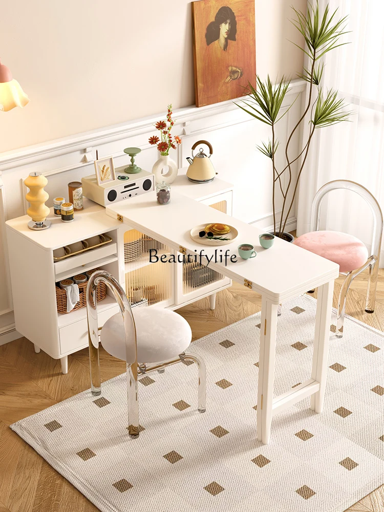 Cream Folding Dining Table Sideboard Cabinet Integrated Small Apartment Home Retractable Bar Counter