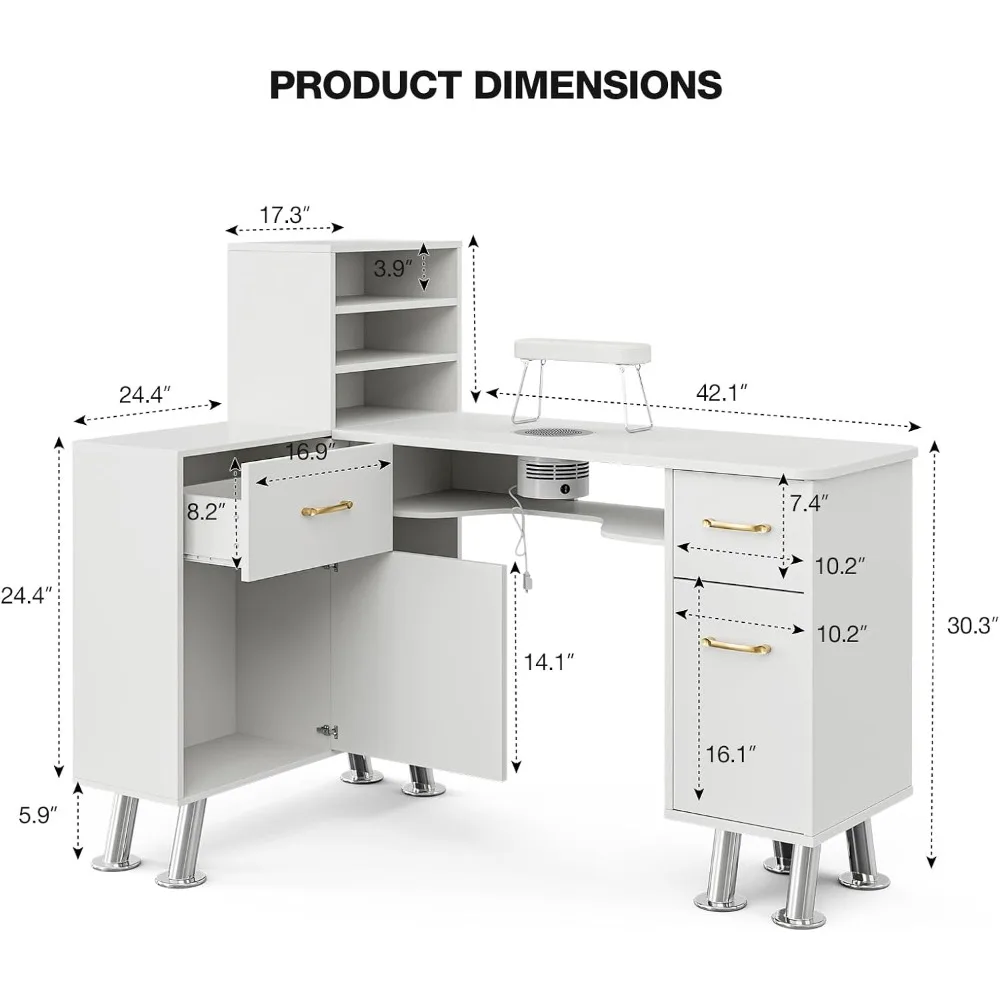 L-Shaped Manicure Table Nail Station with Shelves, Nail Tech Table Nail Table Station W/Dust Collector,Storage Cabinets, Drawers