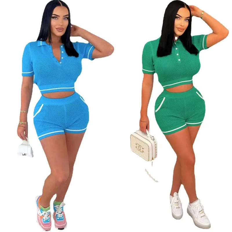 Knit Ribbed Crochet 2 Piece Set Women\'s Short Sleeve Top and Shorts Matching Streetwear Stretch Outfits