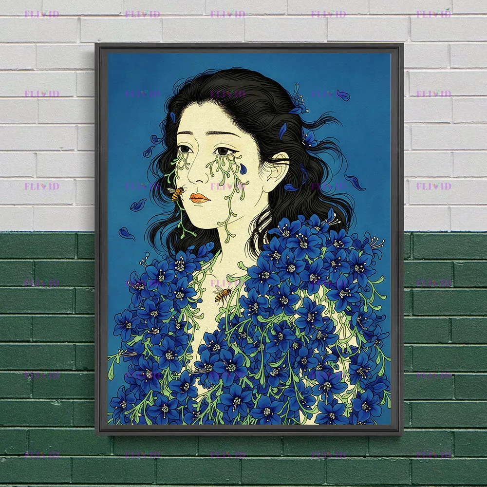 Vintage Ukiyo-E Geisha Canvas Print, Traditional Japanese Woman Portrait With Flowers,Abstract Wall Art Poster Print,Home Decor