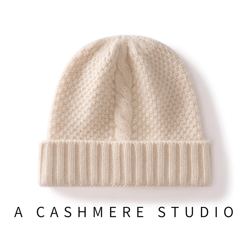Winter Twist Knitted Hat For Women 100%Quality Cashmere Warm Beanie Hats Outdoor Casual Windproof Thickened Bonnet Cap