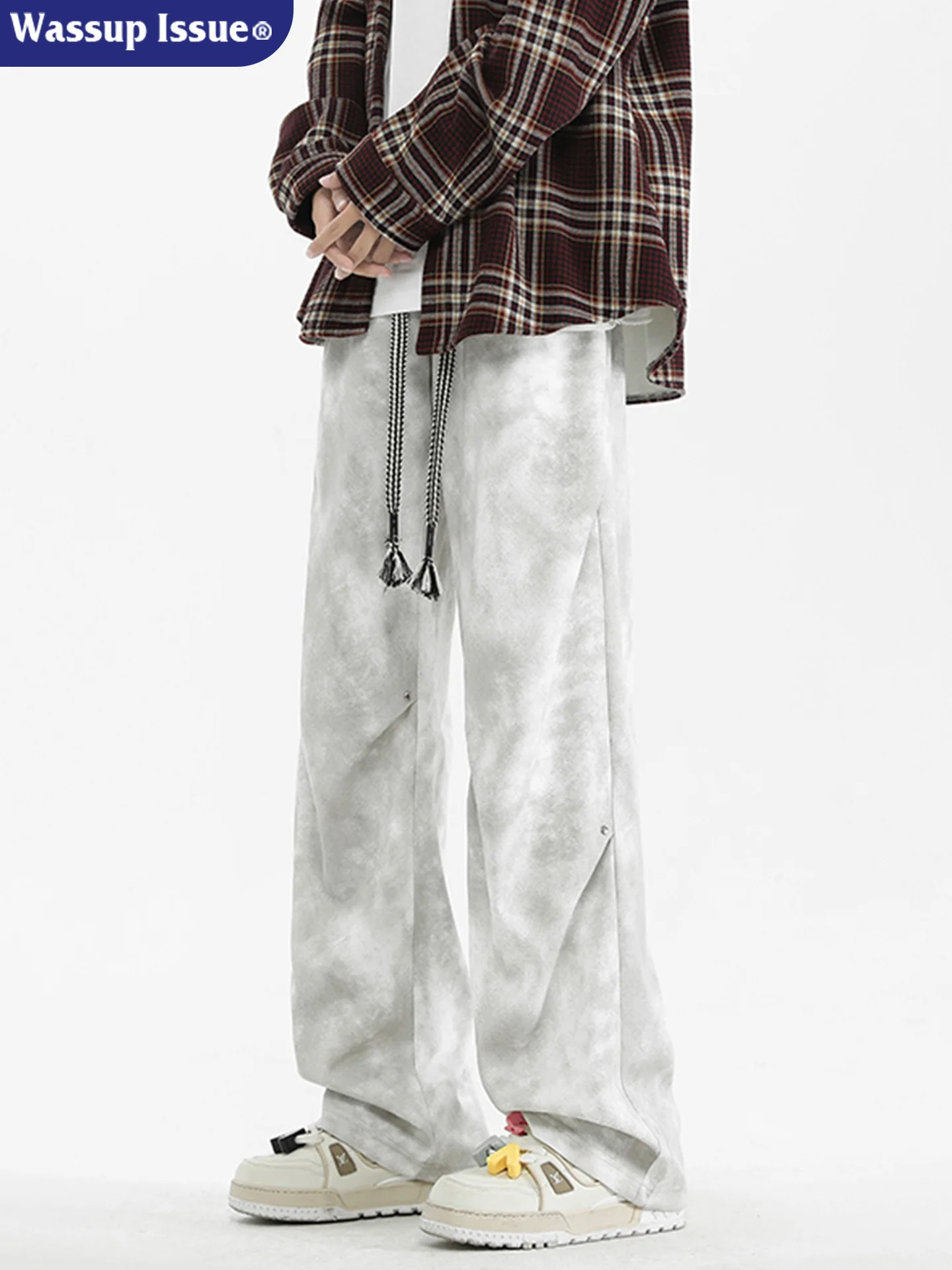 

Wassup Issue, мужские повседневные прямые брюки в американском стиле ретро, летние брюки с высокой талией и завязками, свободный крой, модные молодежные брюки