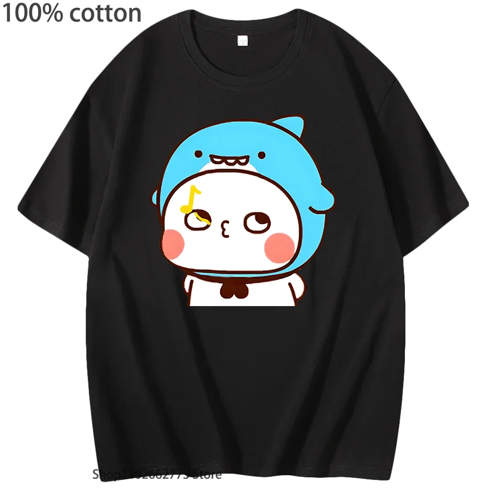 Urocze koszulki z nadrukiem rekina Bubu gwizdającego, ubrania z grafiką pandy, damskie i męskie, kawaii, urocza koszulka, 100% bawełna, odzież, okrągły dekolt, letni top