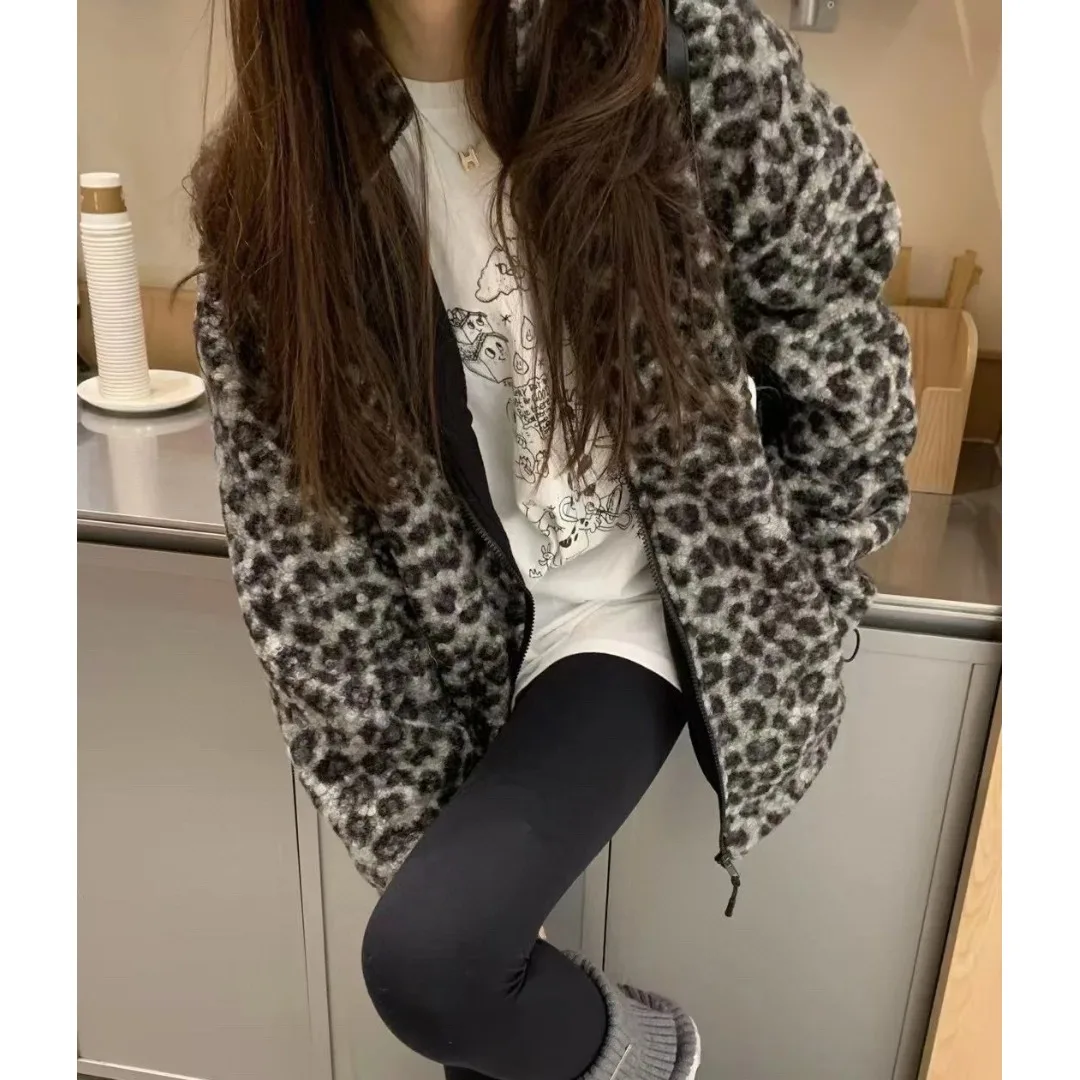 

Женское шикарное зимнее новое свободное пальто с леопардовым принтом на подкладке из тонкого меха, теплое пальто с воротником-стойкой, верхняя хлопковая одежда