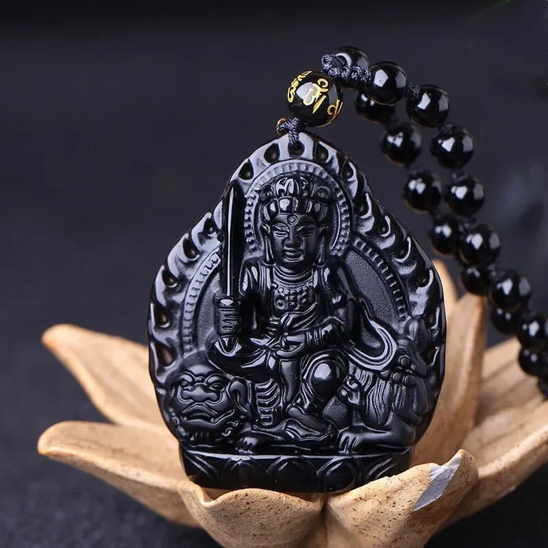 Natural Obsidian Wang Zi Cheng Long and Manjusri Bodhisattva Pendants Jewelry Fine Jewelry Lucky Amulet Guardian Pendant Jewelry