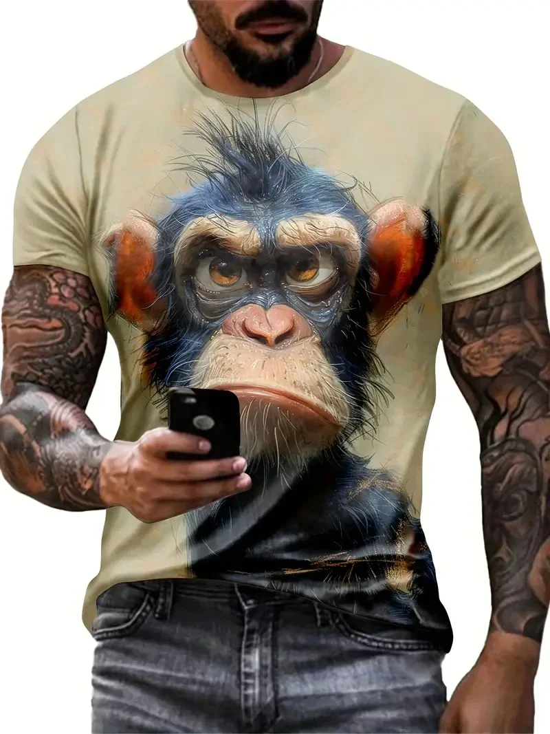 3D printed monkey pattern round neck men's short sleeved T-shirt, casual summer T-shirt, suitable for daily wear and vacation