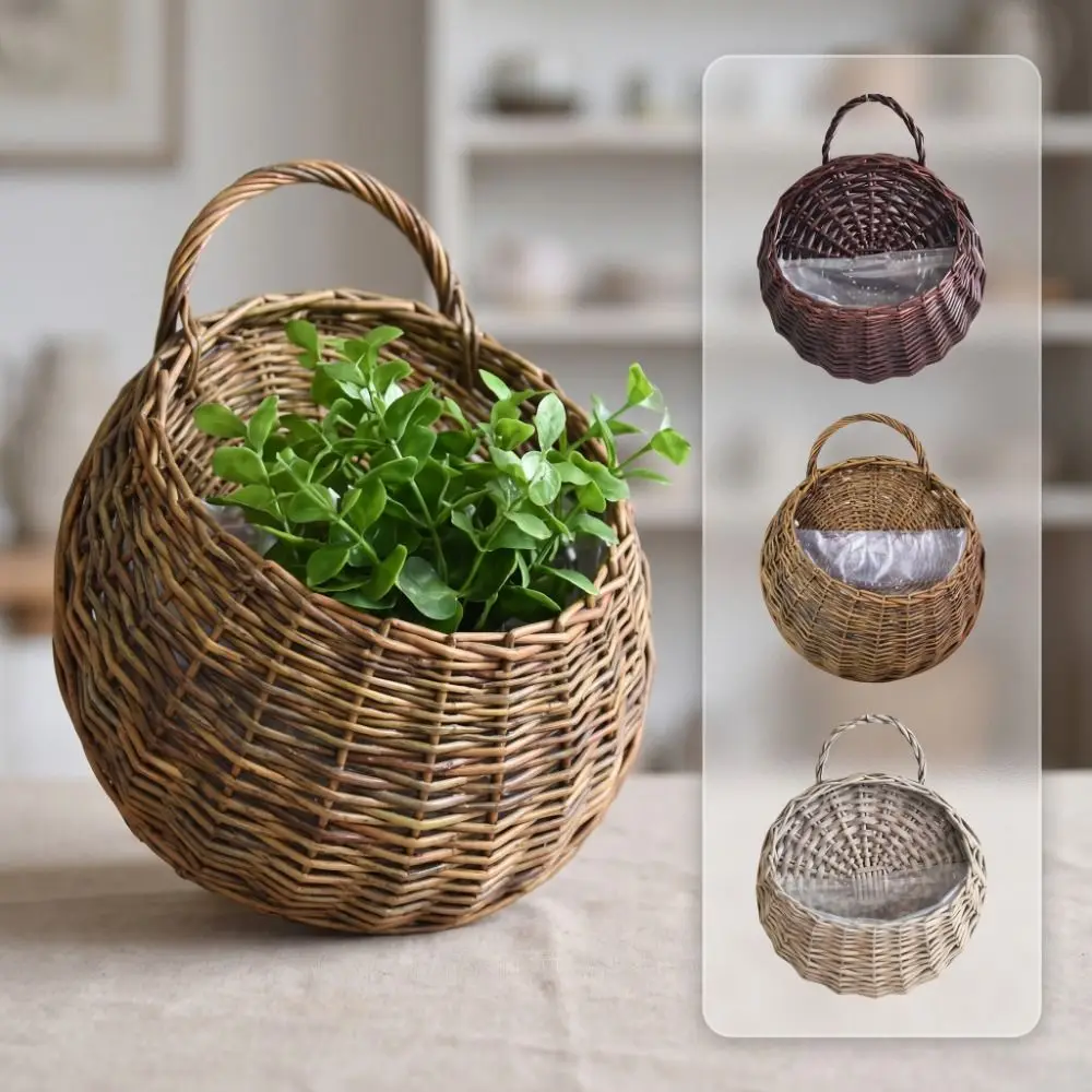 Countryside Style Handmade Rattan Planter Basket Wall Hanging Pastoral Flower Pot Woven Natural Woven Vase Garden Decor
