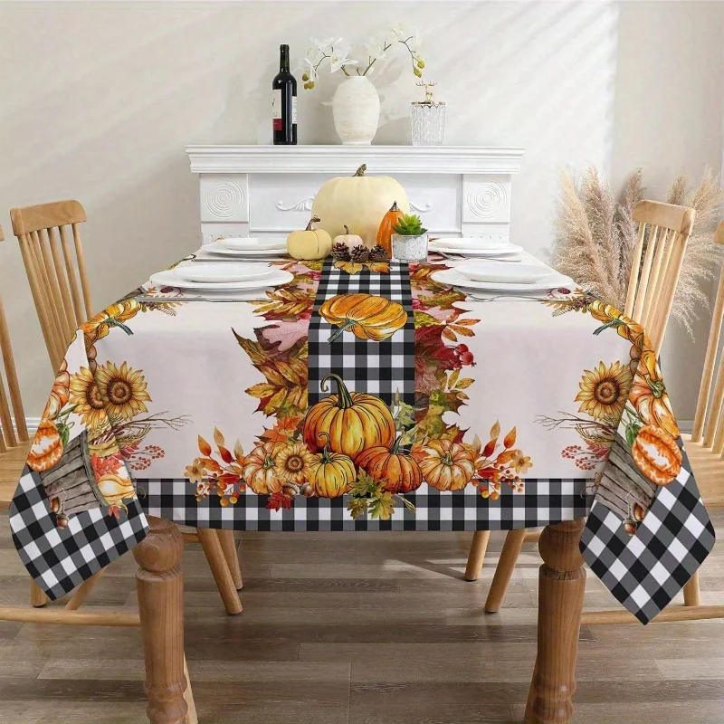 Jit 1 rectangular tablecloth with black checkered pumpkin pattern - a retro Thanksgiving decoration suitable for...