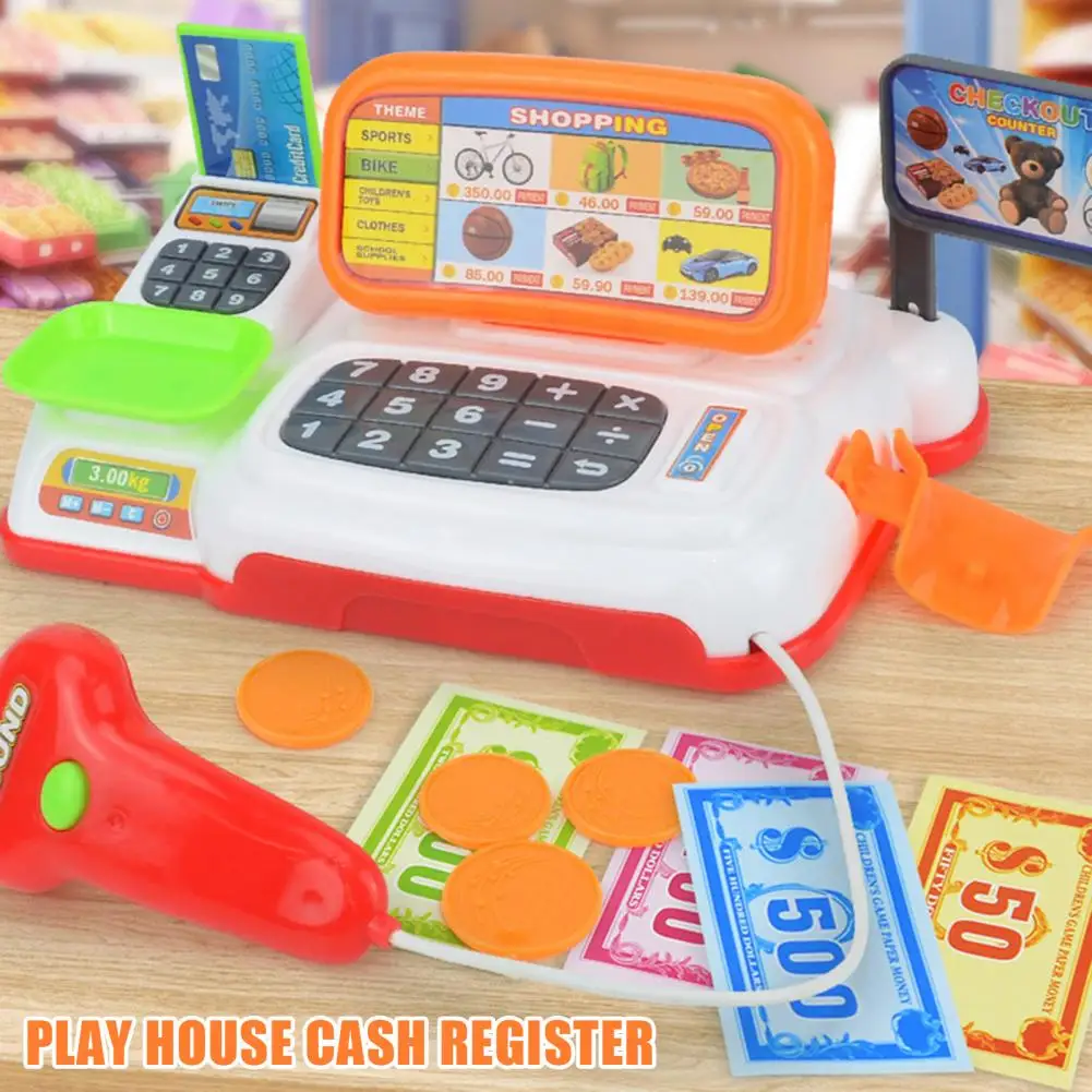 Toy Cash Register with Scanner Cash Register Toy Set with Sound Effects Play Money Credit Cards for Kids Educational for Pretend