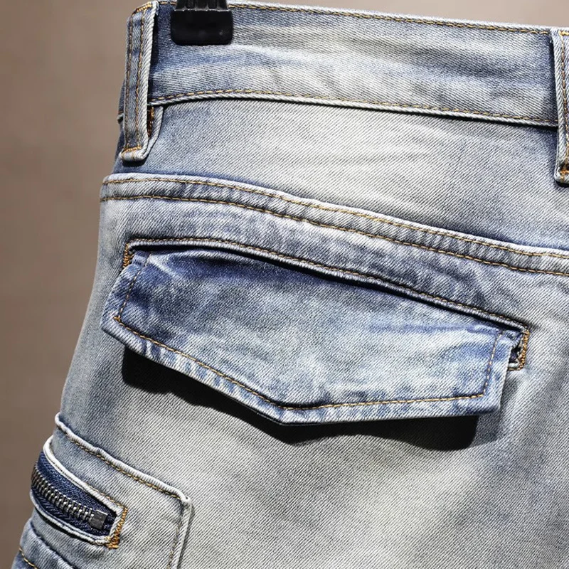 Street Designer Fashion Men Jeans Retro Washed Blue Stretch Slim Fit Multi Pockets Denim Cargo Pants Hombre Hip Hop Biker Jeans