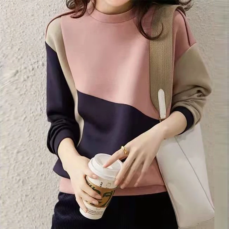 Autumn Winter Loose Casual Contrast Color Patchwork Sweatshirt Ladies Simple Fashion Pullover Top Women All-match Cotton Jumper