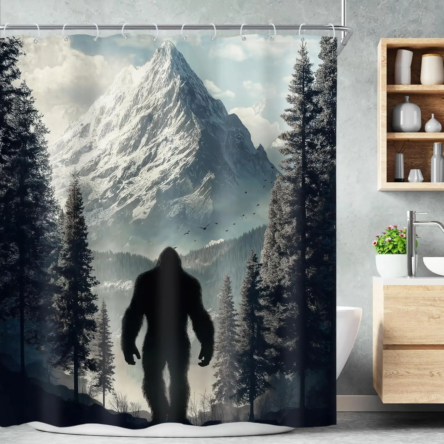 

Riyidecor Забавная занавеска для душа с шимпанзе 60Wx72H дюймов Гора Рустикальная обезьяна Пейзаж Дерево Прохладный силуэт дикого животного Природа Me