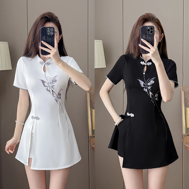 2026 New Chinese Style Embroidery Cheongsam Dress+Shorts 2 Piece Set Women Black White Slimming High Waist Sexy Summer Outfit