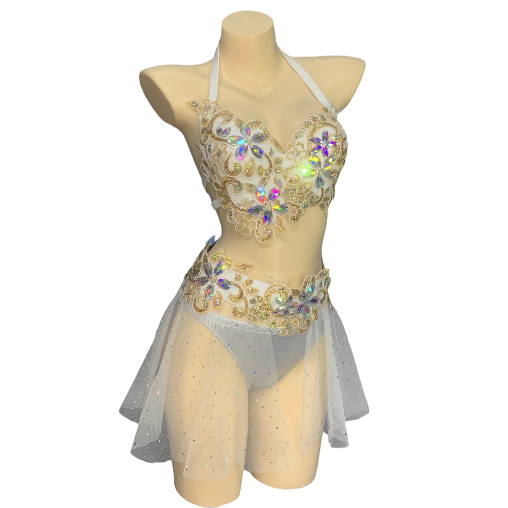 New Rhinestone Beaded Nightclub DJ Singer Stage Dance Costume Women Gogo Performance Wear Professional Belly Dance Costume Set