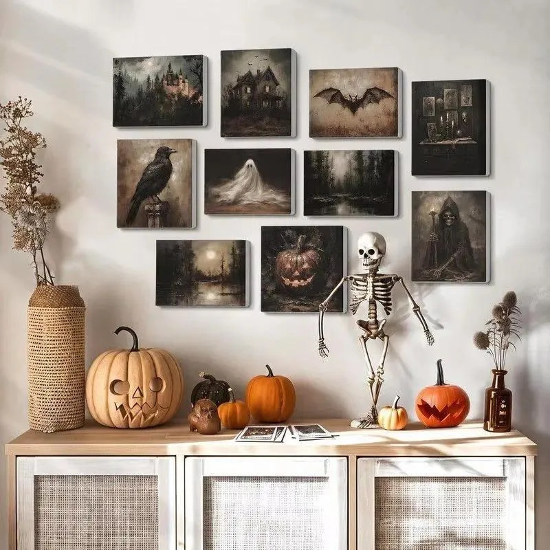 for Ten Dark Halloween Wall Art Set Gothic Haunted House Bat Crow Ghost Pumpkin Gallery Wrapped Canvas Prints Home Decor