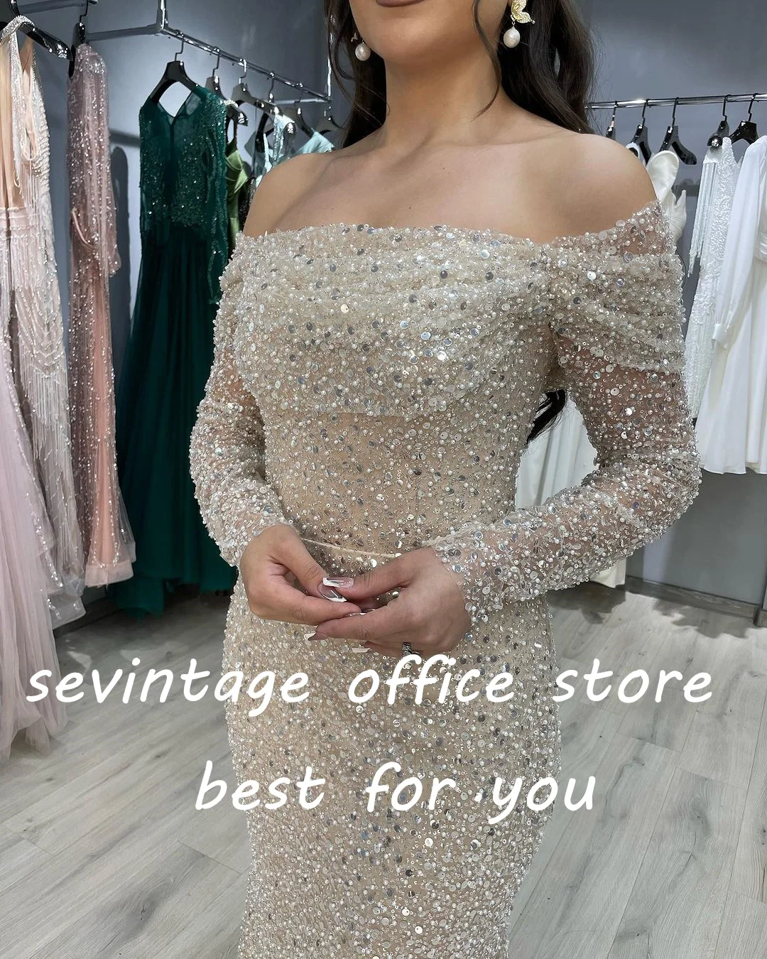 Sevintage-Vestidos de Fiesta de sirena con cuentas de champán brillantes, perlas de lentejuelas, hombros descubiertos, vestidos de noche árabes saudíes, vestido Formal