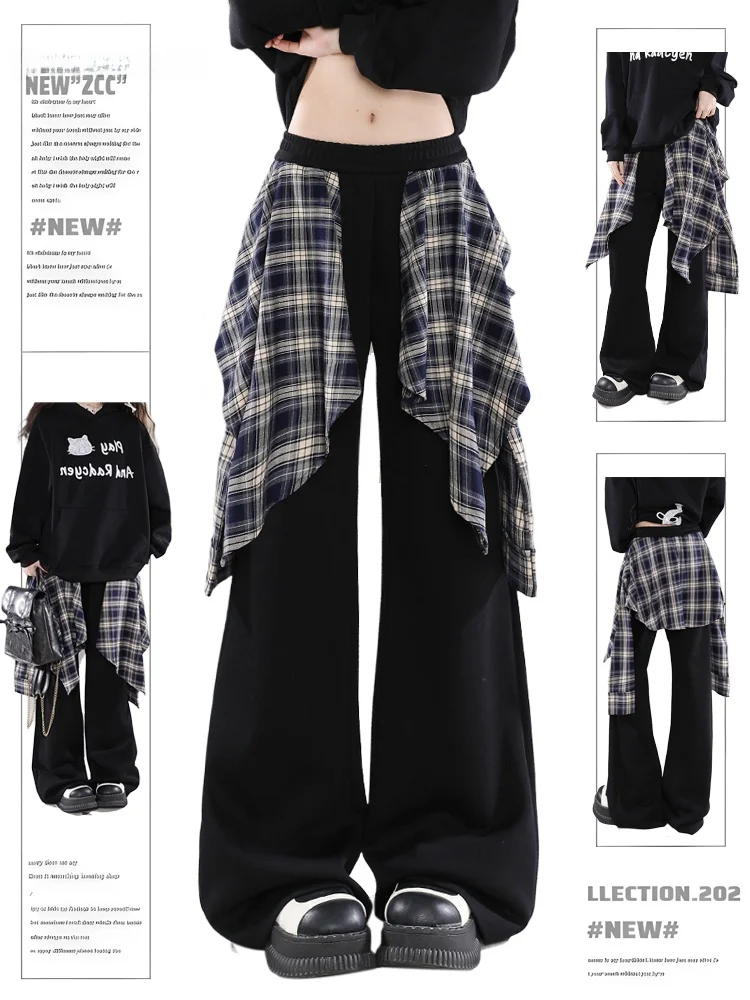 بنطلون رياضي نسائي أمريكي عالي الخصر للرقص الجاز، سروال واسع الساق للخريف والشتاء، بنطلون كاجوال بتصميم تنورة مزدوجة الوهم