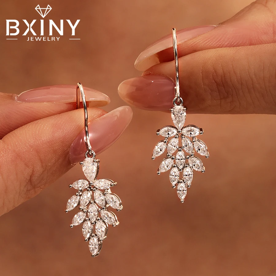 BXINY Blattförmige Moissanit-Ohrhänger aus reinem S925 Silber mit Marquise- und Tropfenschliff-Diamanten für Damen, Hochzeitsschmuck.