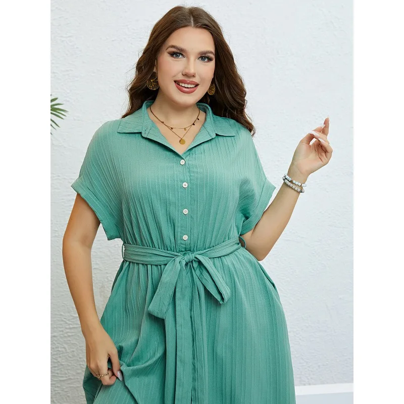 Wsfec XL-4XL Plus Size Jurken Vrouwen Kleding Effen Kleur Korte Mouw Losse Bandage Zomer Elegante Mode Cusual Midi Dreese