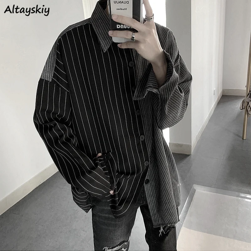 

Casual Shirts Women Long Sleeve Striped Loose Tops Contrast Color Chic Ulzzang Unisex Slouchy Summer Sunproof Outwear Temper