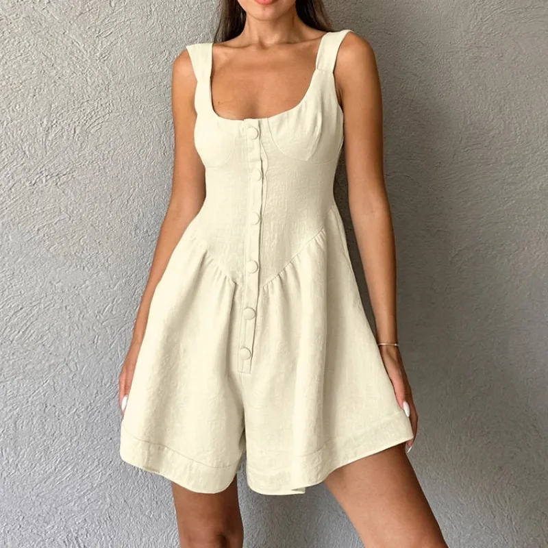 

Women Khaki Casual Cotton Linen Wide Leg Jumpsuit 2024 Summer New Women's Clothing Youthful Waist Up Vacation Fashion Romper