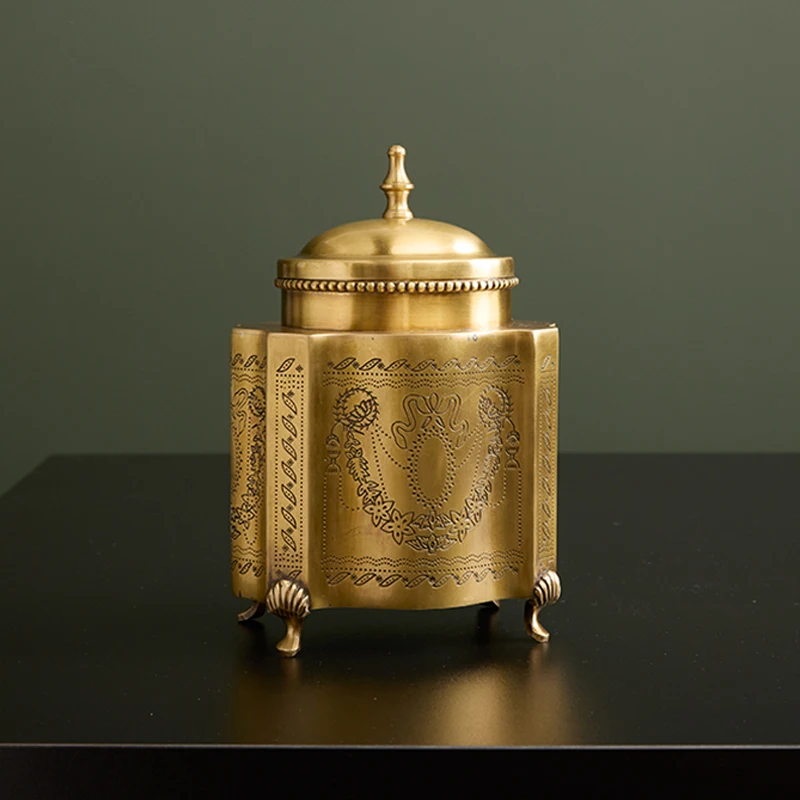 Brass Storage Box Vintage Handmade Jewelry Box Tea Cans Home Decor Ornaments Copper Classical Handicrafts Candy Jar Storager