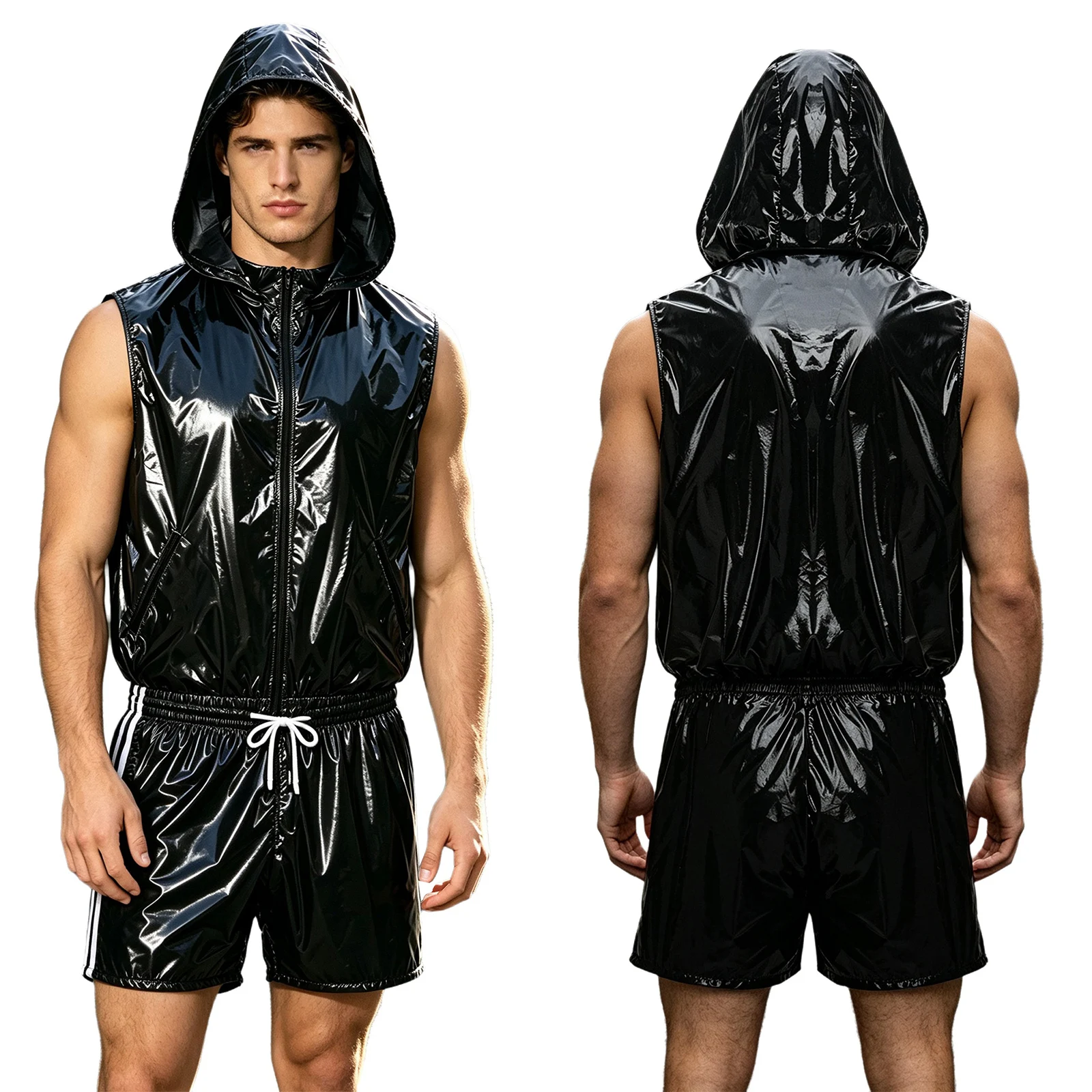 Mens Waterproof Tracksuit Glossy Shiny Sweatwear Fitness Sleeveless Front Zipper Vest with Hood And Built-in Briefs Boxer Shorts