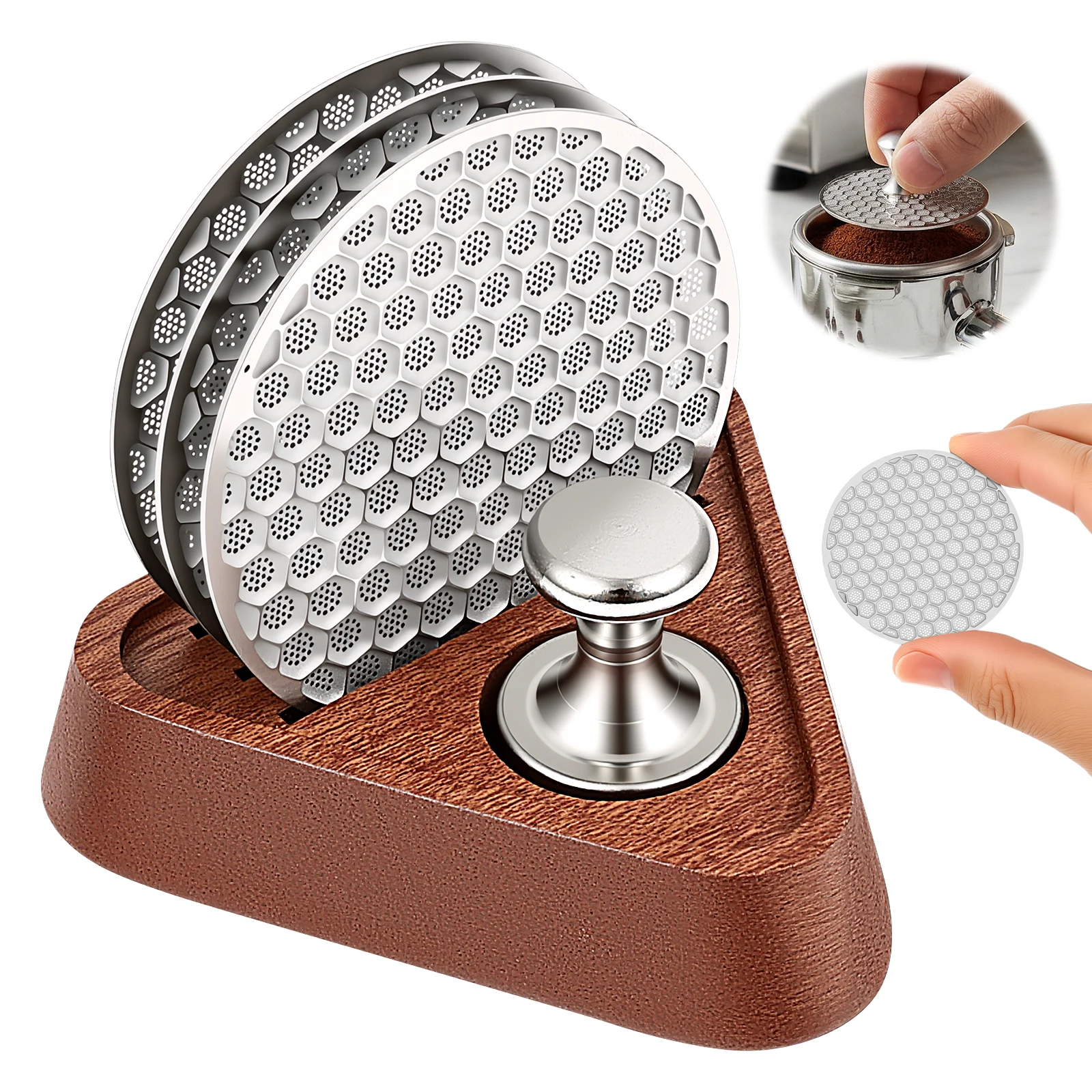 3-Pack 53.3 mm Stainless Steel Puck Screens Set with Magnetic Extractor and Wooden Stand Slim and Porous Espresso Filter Holder