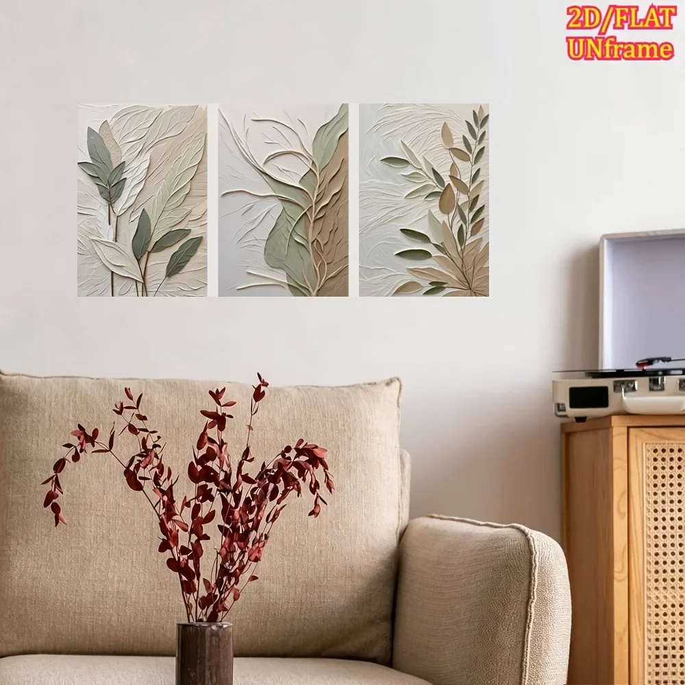 2D Flat, 2D Flat, 2D Flat Artwork, 3pcs Modern Minimalist Morandi-Colored Vertical Plant Wall Decor Set, Suitable for Living