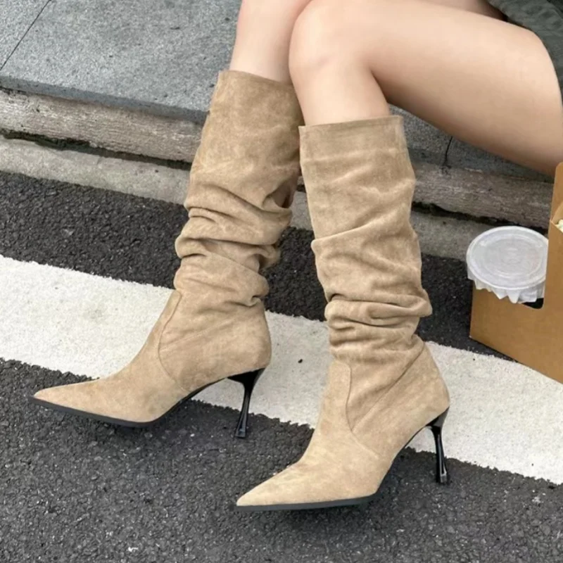 Mode Neue Spitz-toe Sexy Party High Heel Stiefel Winter Bequeme Wildleder Warme Beiläufige Dünne Ferse Wanderstiefel für frauen