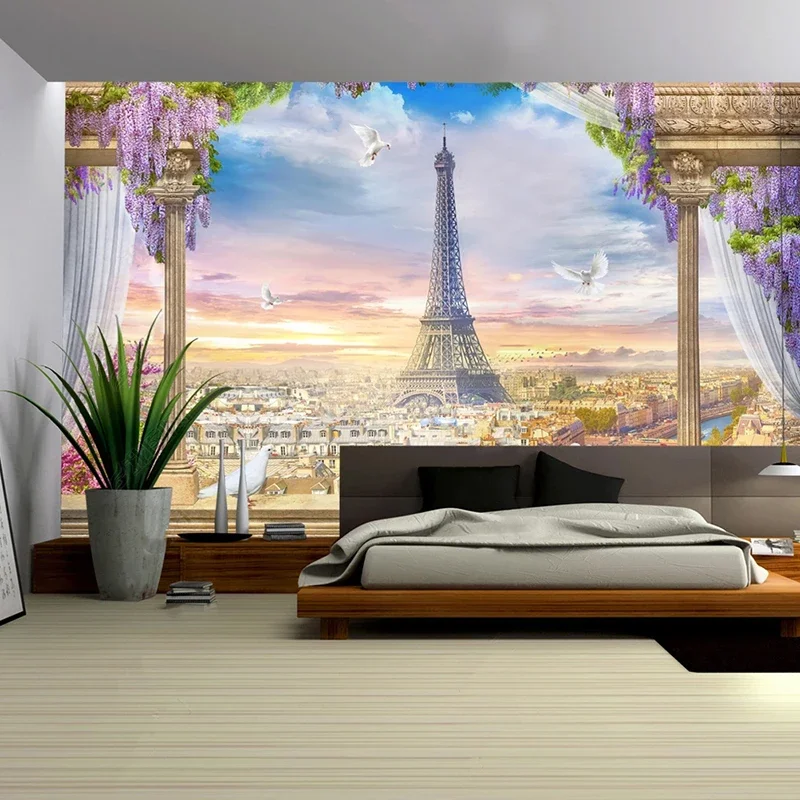 Custom Wall Cloth 3D European Tower Purple Flower Landscape Photo Mural Wallpaper Bedroom Living Room Backdrop Home Decor Fresco