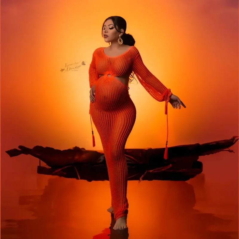 

Fashion Sexy Pregnant Woman Photo Shoot Dress Orange Hollow Out Full Sleeve Maternity Photography Long Dress