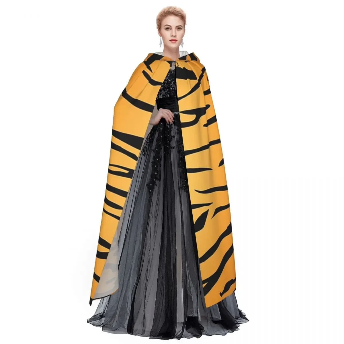 Custom Tiger Fur Sketch Color Picture Long Hooded Cloak Witch Medieval Costume Cosplay Cape HalloweenVampire Adult Unisex