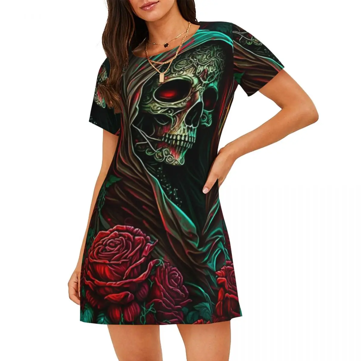 Custom Forest Roses Santa Muerte Short Sleeves Nightdress For Sleepshirts Women Short Sleeve Nightgowns Soft Pajama Dress