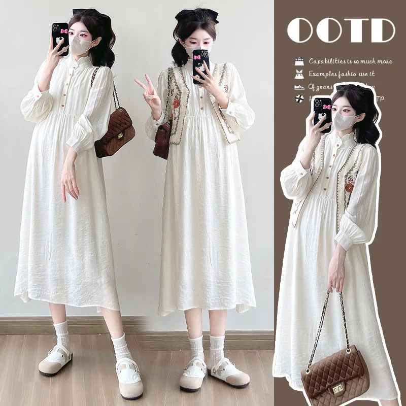 

Комплект для беременных с кружевным воротником 2025 года, весеннее платье-жилет трапециевидной формы, топ с длинными рукавами, наряд из двух предметов, молодежная элегантная одежда для беременных