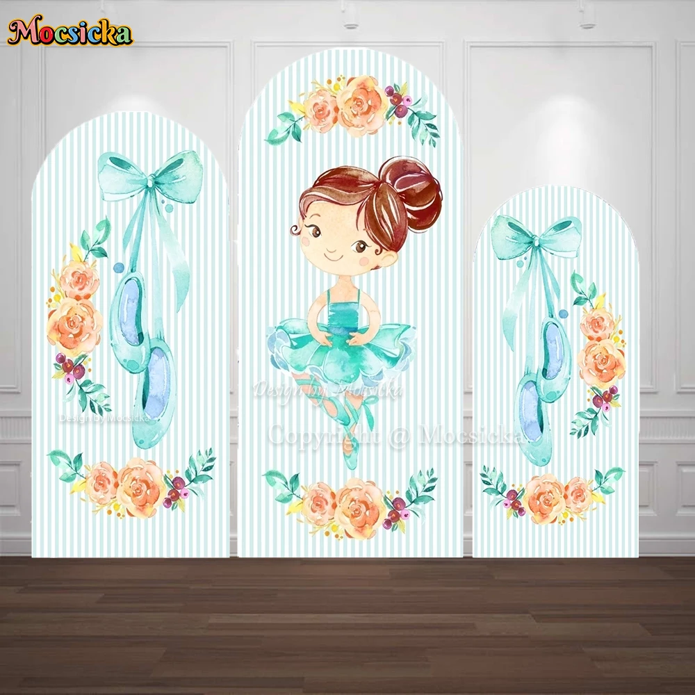 

Mocsicka Ballet Princess Girl Birthday Arch Backdrop Blue Striped Background Cover Dance Shoes Bow Flower Decor Custom Photozone