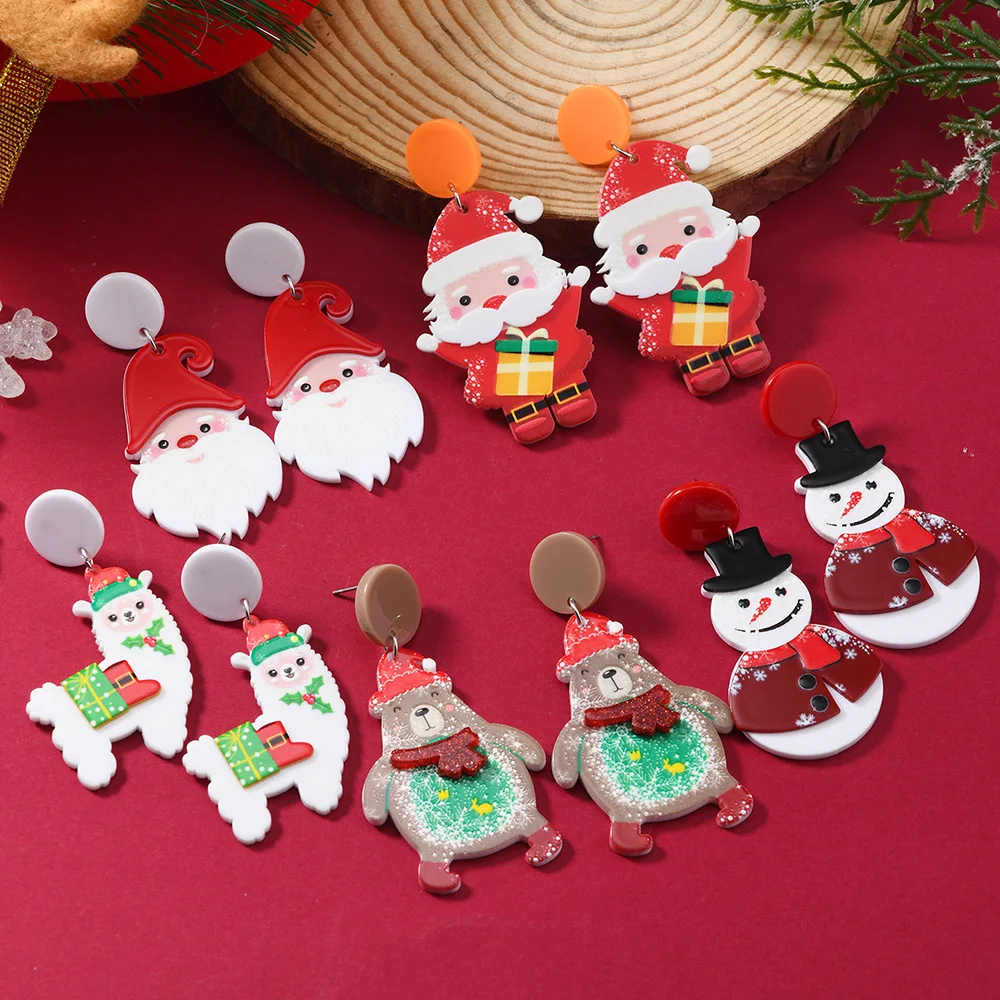Christmas Acrylic Earrings 3D Snowman Dwarf Santa Claus Fashion Jewelry Ear Cuff Stylish Accessory for Women Girls