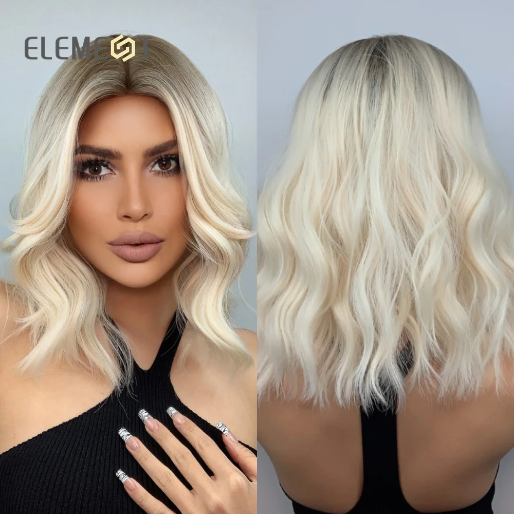 

ELEMENT Synthetic Wig Short Bob Wavy Ombre Black to Blonde Medium Hairstyle Wigs For Women Daily Party Use Heat Resistant Fiber