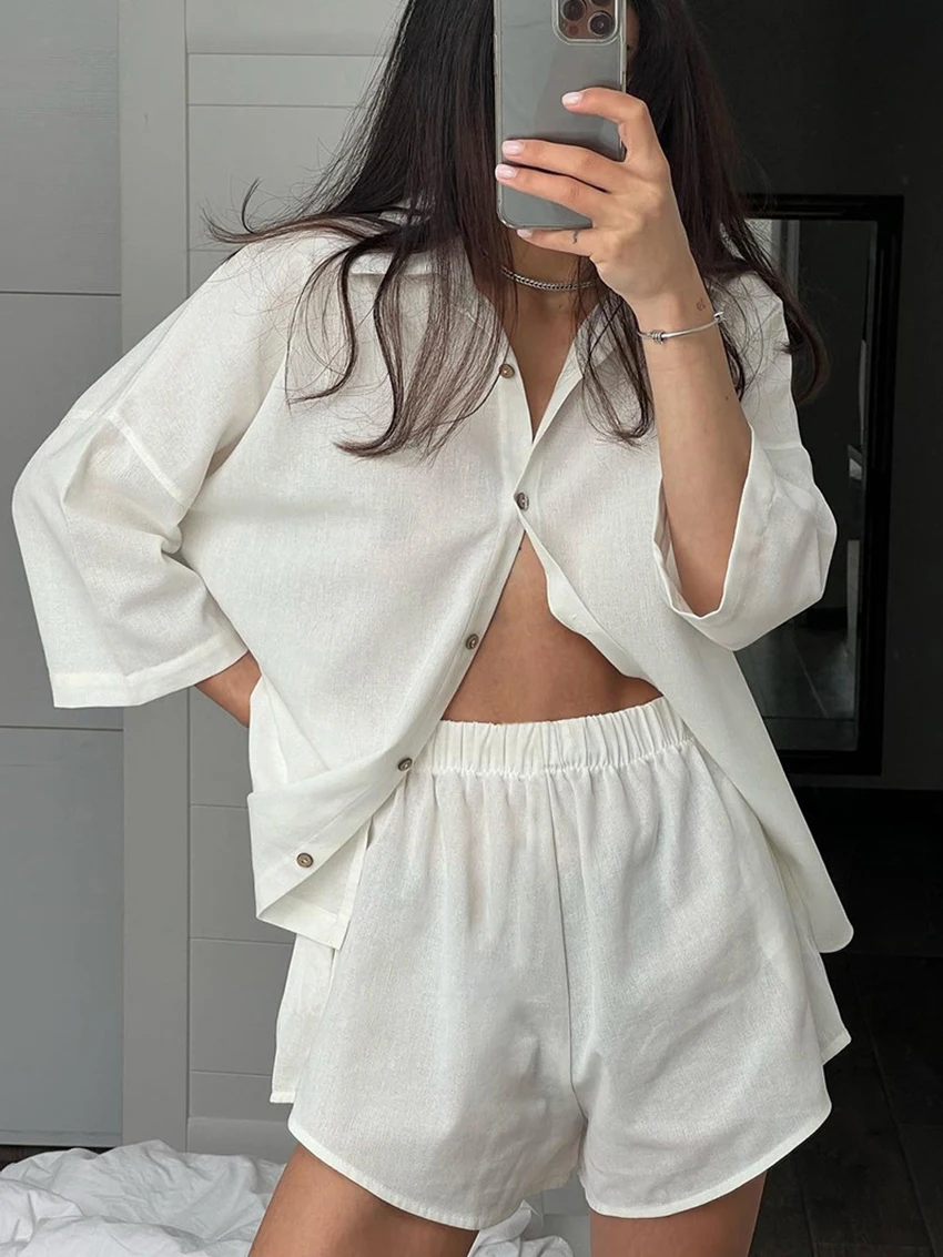 

Marthaqiqi Loose Ladies Nightgowns Suit Turn-Down Collar Pajamas Three Quarter Sleeve Nightwear High Waist Shorts Sleepwear Sets