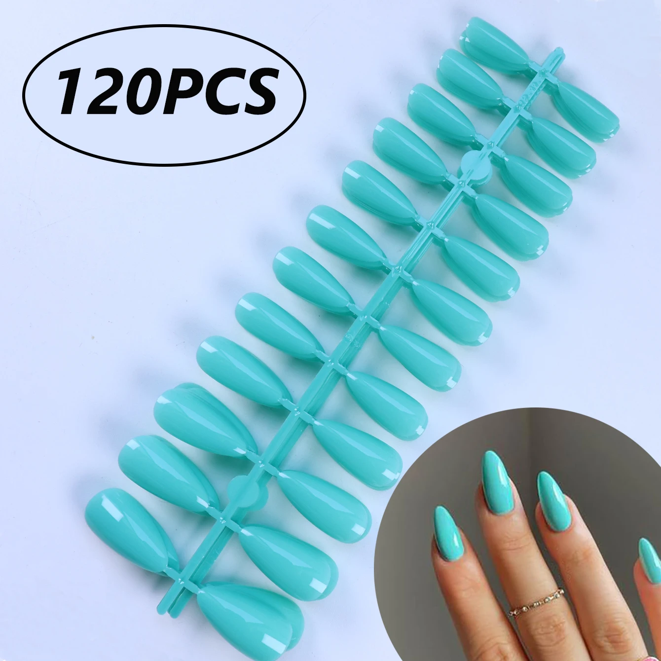 120pcs Medium Almond turquoise Fake nails Detachable And Reusable Jelly Glue 5pc Cuticle Pusher, Suitable For Girls Women