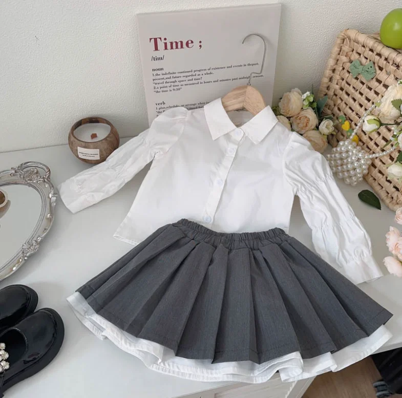 

New Baby Girls Fall Fashion Sets Puff Sleeve White Blouse + Pleats Skirts Princess Elegant Suits 2-7T