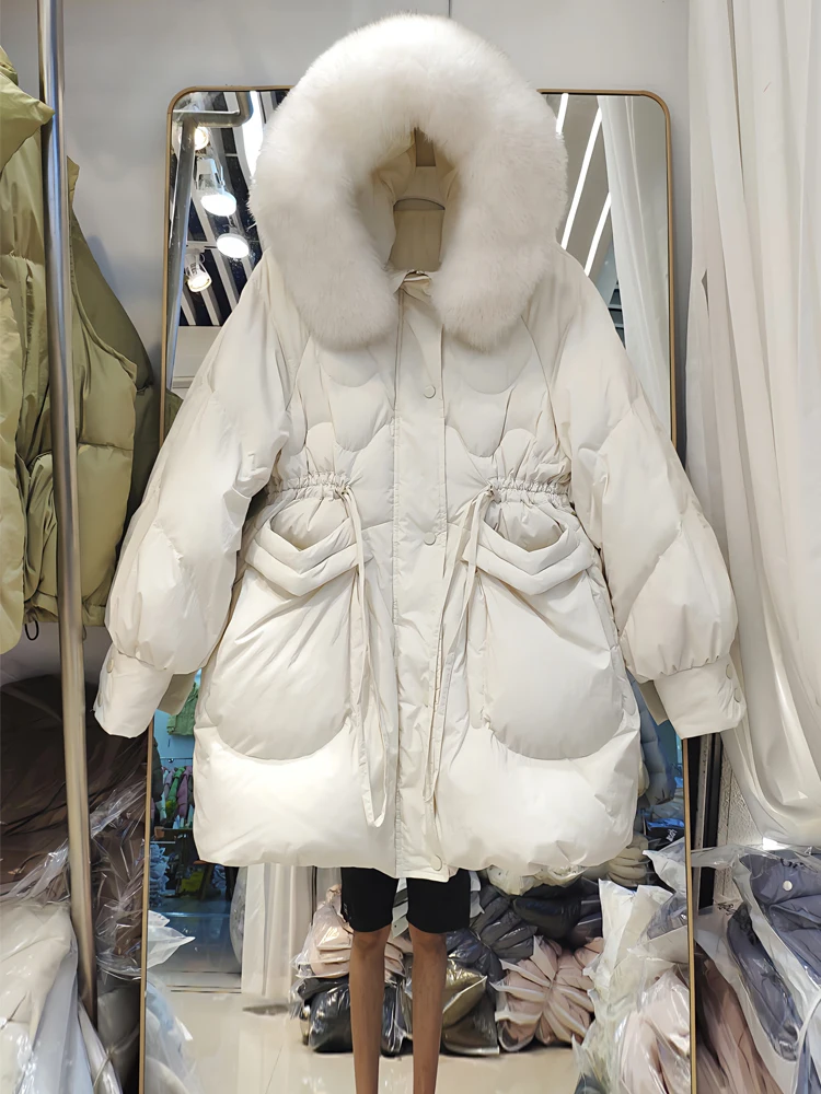 Parkas con cuello de piel de zorro Natural para mujer, abrigo de plumón de pato blanco, chaqueta acolchada de longitud media, cintura gruesa, nueva