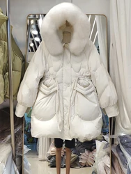 Parkas con cuello de piel de zorro Natural para mujer, abrigo de plumón de pato blanco, chaqueta acolchada de longitud media, cintura gruesa, nueva moda coreana, Invierno