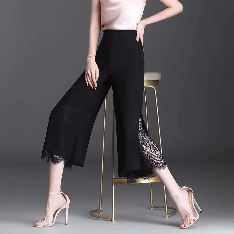 Korean Fashion High Waist Wide Leg Pants Women Black Chiffon Lace Split Leg Trousers 2024 Summer Casual Loose Pantalones Mujer