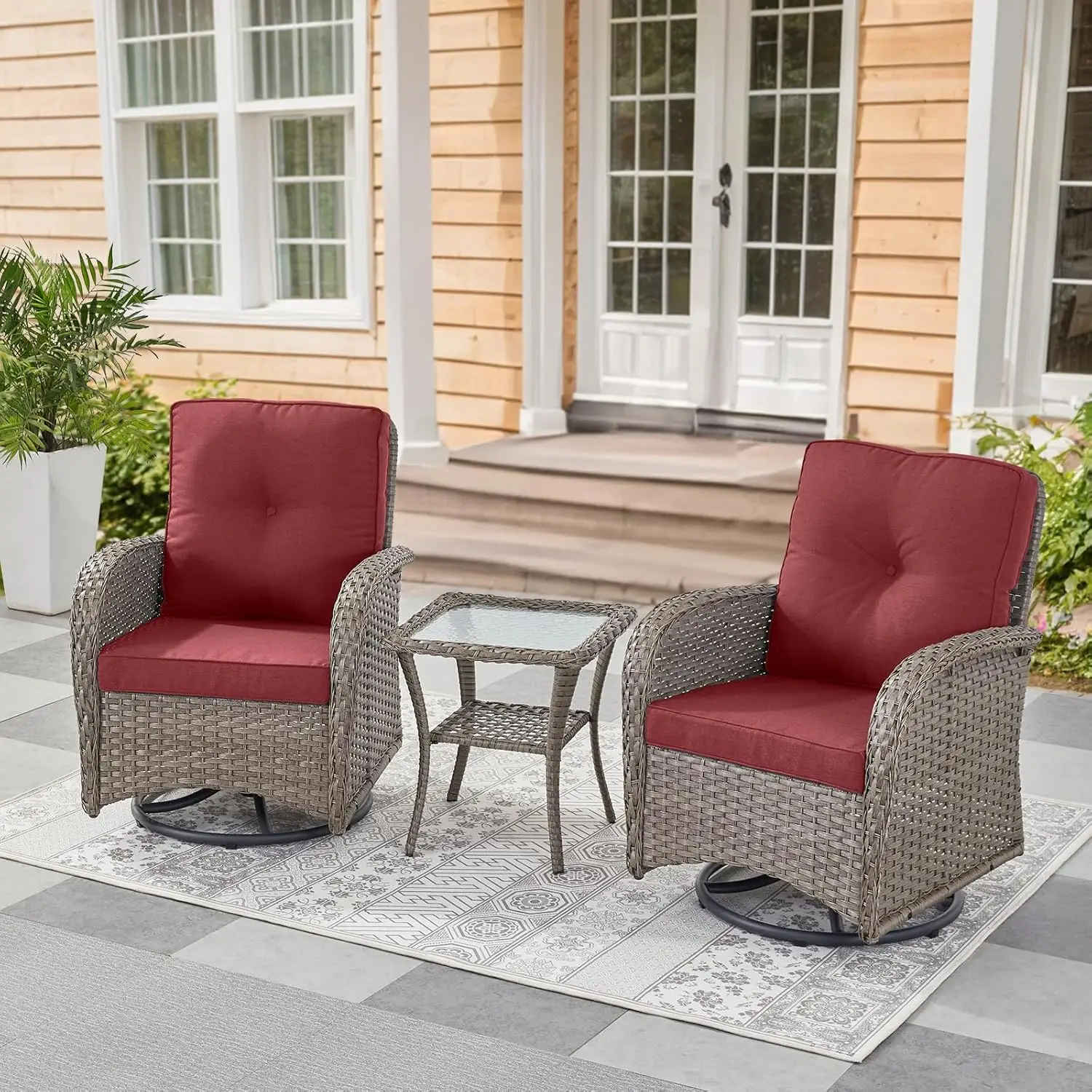 Swivel Patio Chairs Wicker Set - Outdoor Swivel Rocker Chair with Side TablePiece Patio Glider Chairs Furniture Set with Water